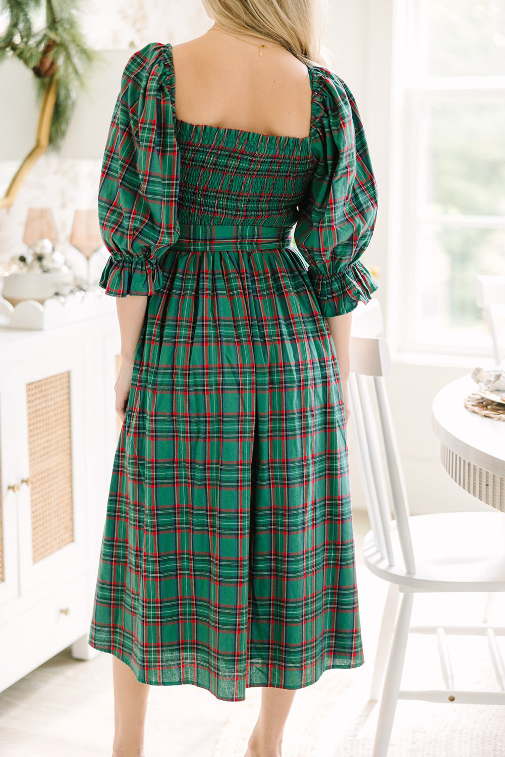 Tartan Plaid Square Neck Puff Sleeve Knot Waist Flared Midi Dress - KaleaBoutique.com