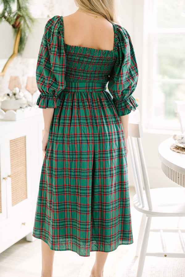 Beautiful Tartan Plaid Square Neck Puff Sleeve Knot Waist Flared Midi Dress - KaleaBoutique.com