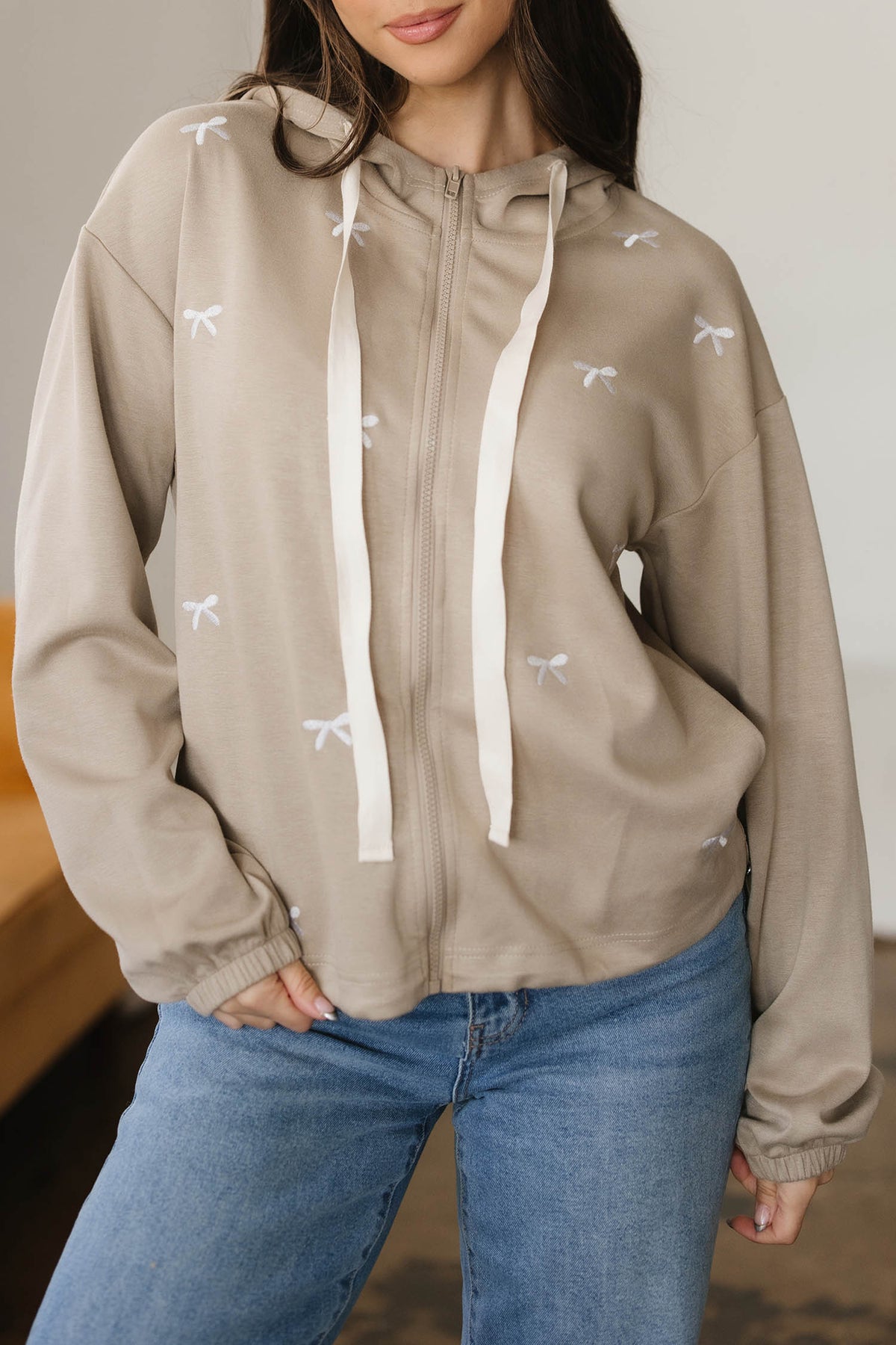 Contrast Bow Embroidered Zip Up Jacket Hoodie - KaleaBoutique.com