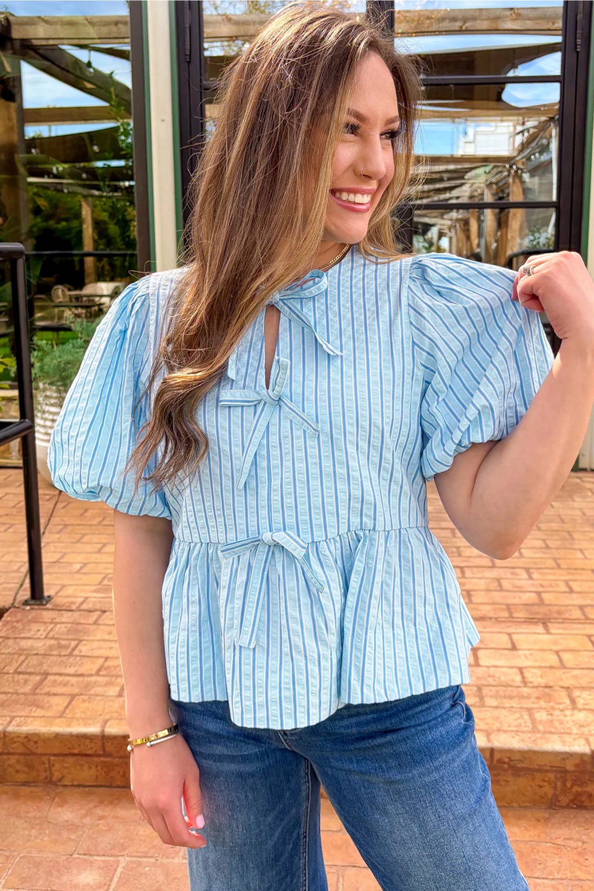 Bow Knot Textured Short Puff Sleeve Babydoll Blouse - KaleaBoutique.com