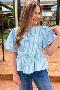 Bow Knot Textured Short Puff Sleeve Babydoll Blouse - KaleaBoutique.com