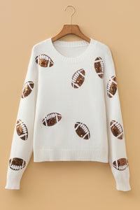 Sequin Football Print Round Neck Long Sleeve Loose Fit Sweater - KaleaBoutique.com