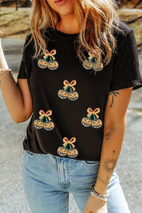Black Sequin Pumpkin Cherry Halloween Graphic Tee - KaleaBoutique.com