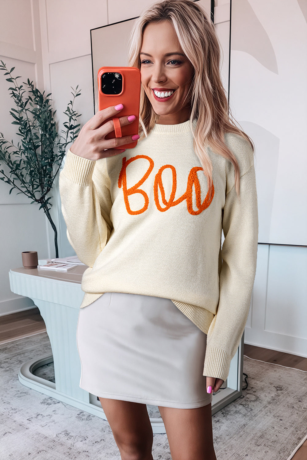 KaleaBoutique Boo Knitted Pattern Ribbed Edge Drop Shoulder Sweater - KaleaBoutique.com