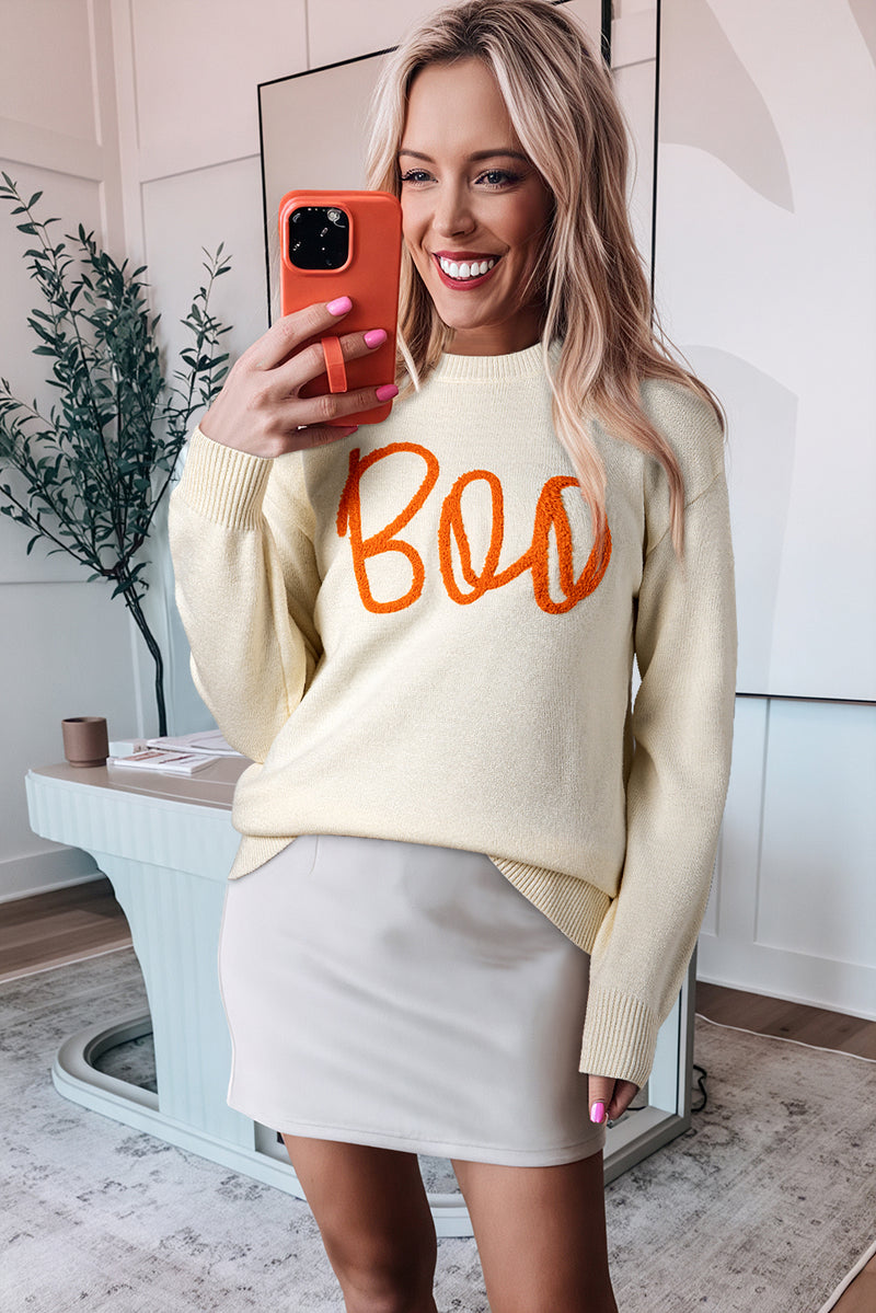 KaleaBoutique Boo Knitted Pattern Ribbed Edge Drop Shoulder Sweater - KaleaBoutique.com