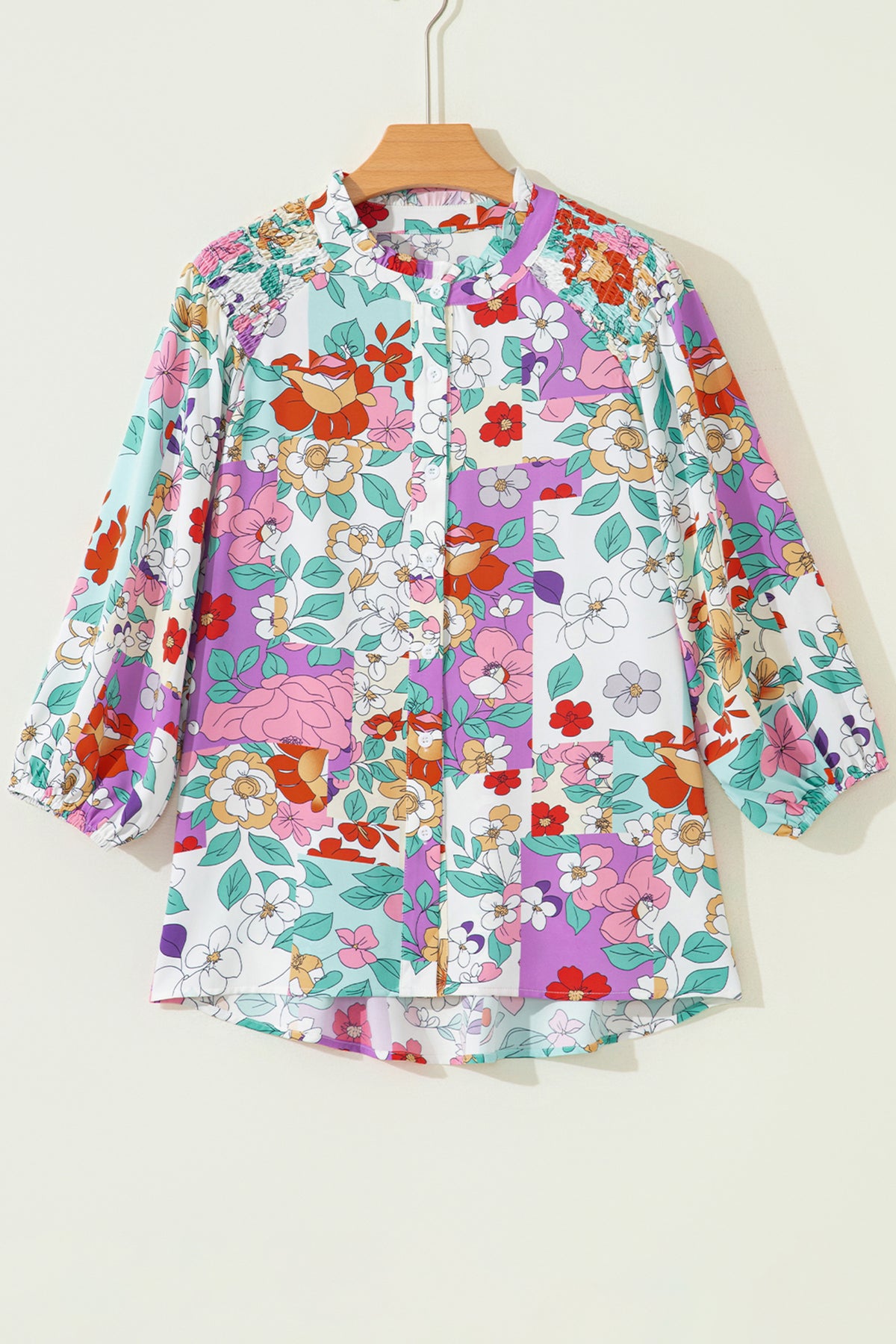 KaleaBoutique Stylish Floral Print Patchwork Frilly Neckline Long Sleeve Shirt - KaleaBoutique.com