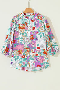 KaleaBoutique Stylish Floral Print Patchwork Frilly Neckline Long Sleeve Shirt - KaleaBoutique.com
