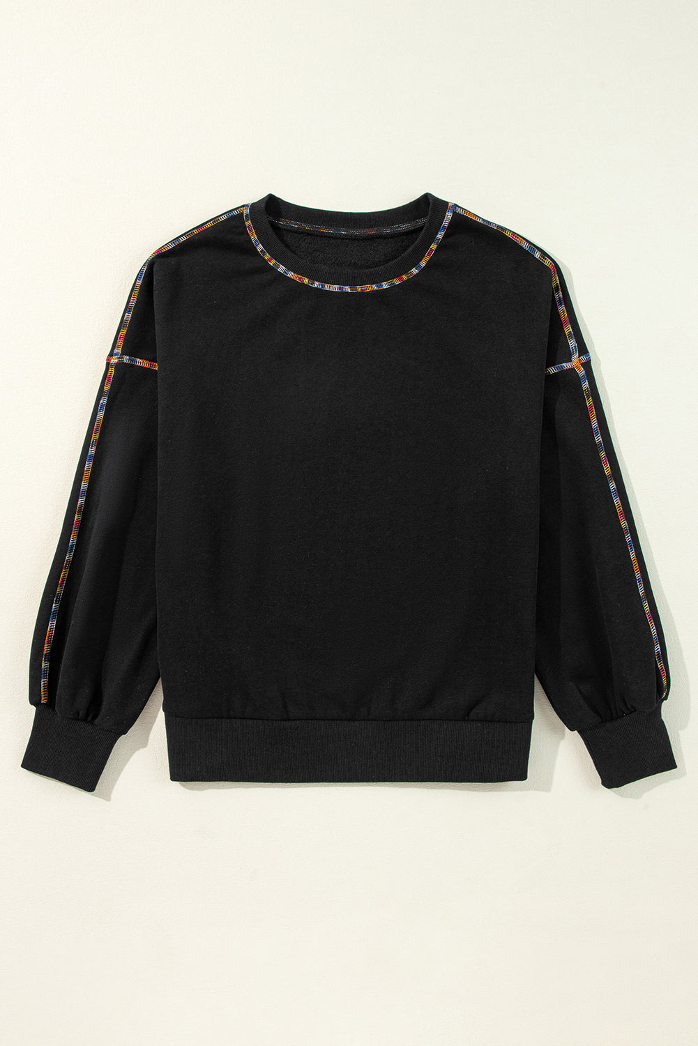 KaleaBoutique Contrast Rainbow Trim Drop Shoulder Pullover Sweatshirt - KaleaBoutique.com