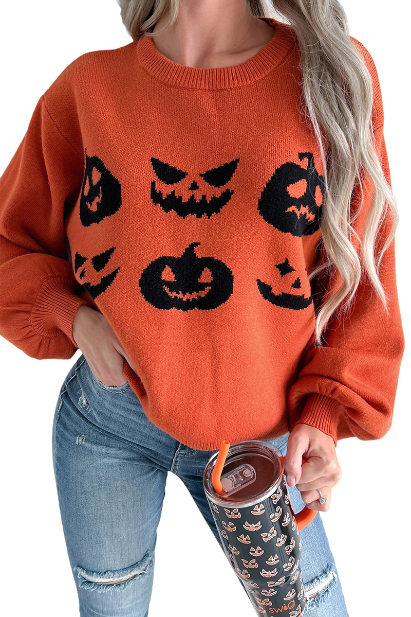 KaleaBoutique Halloween Pumpkin Face Pattern Drop Shoulder Sweater - KaleaBoutique.com