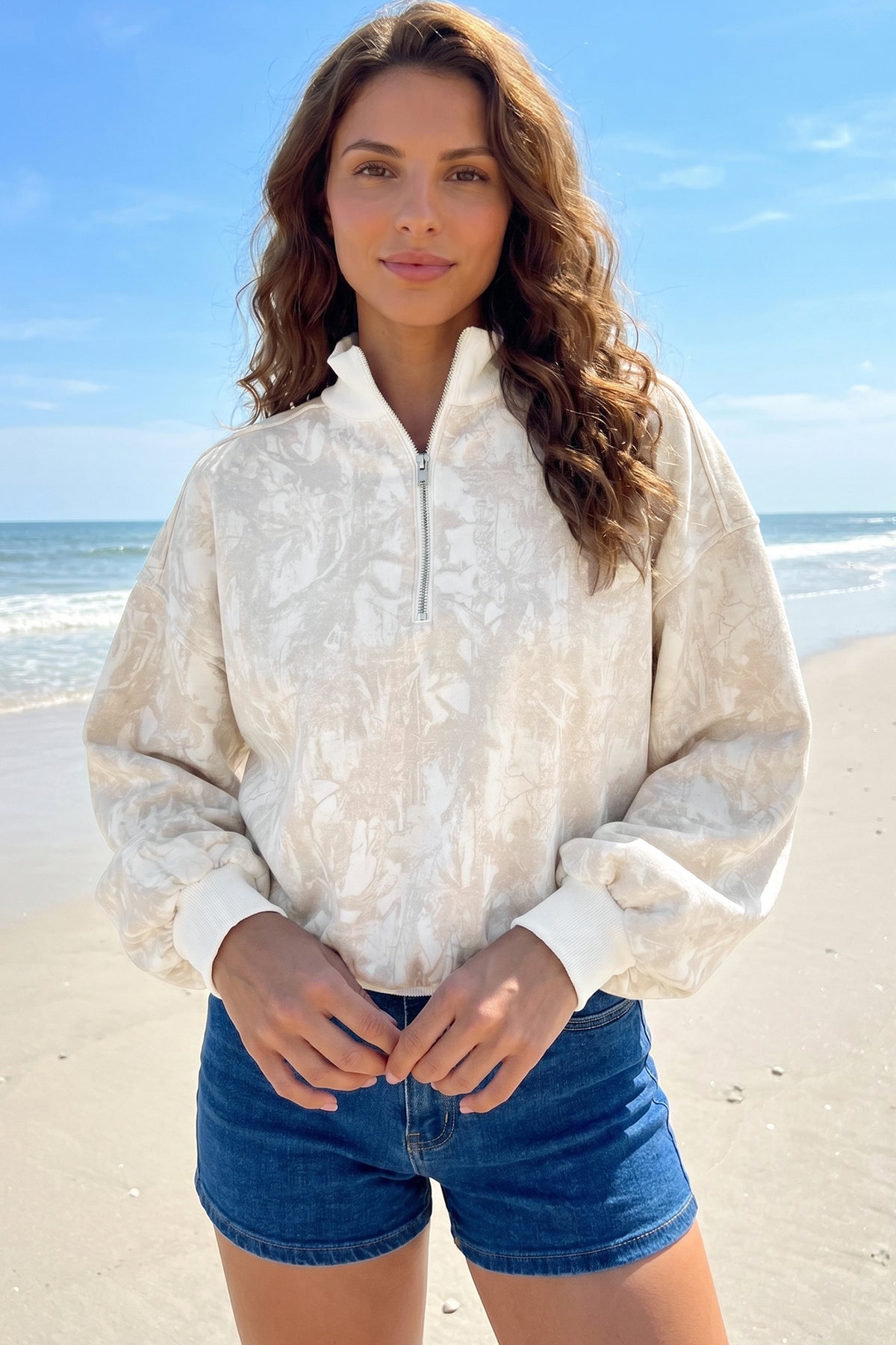 KaleaBoutique Camouflage Print Quarter-Zip Drop Shoulder Long Sleeve Sweatshirt - KaleaBoutique.com