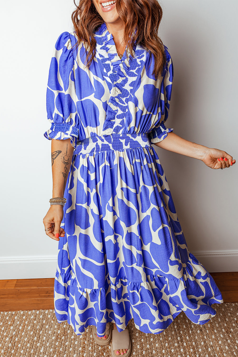 Abstract Print Smocked Waist Puff Half Sleeve Maxi Dress - KaleaBoutique.com