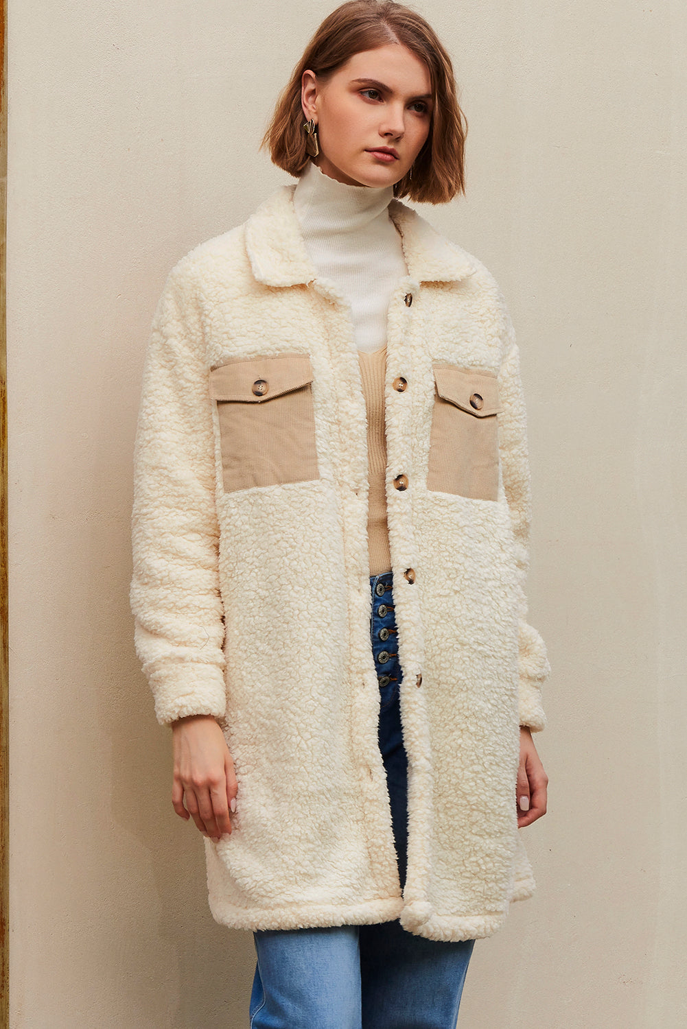 KaleaBoutique Stylish Contrast Flap Pocket Single Breasted Teddy Coat - KaleaBoutique.com