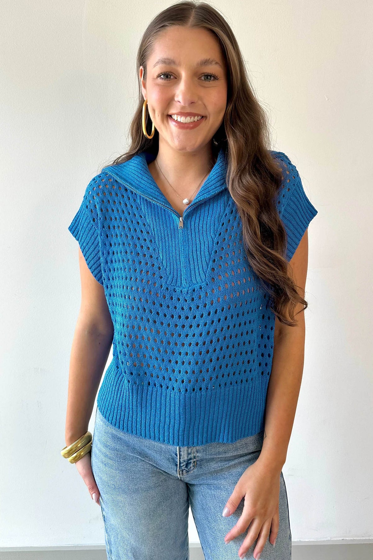 KaleaBoutique Stylish Solid Color Hollowed Knit Short Sleeve Zipper Collar Knitwear Top - KaleaBoutique.com