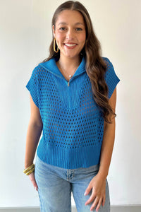 KaleaBoutique Stylish Solid Color Hollowed Knit Short Sleeve Zipper Collar Knitwear Top - KaleaBoutique.com