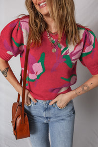 KaleaBoutique Comfortable Floral Abstract Print Short Puff Sleeve Sweater - KaleaBoutique.com