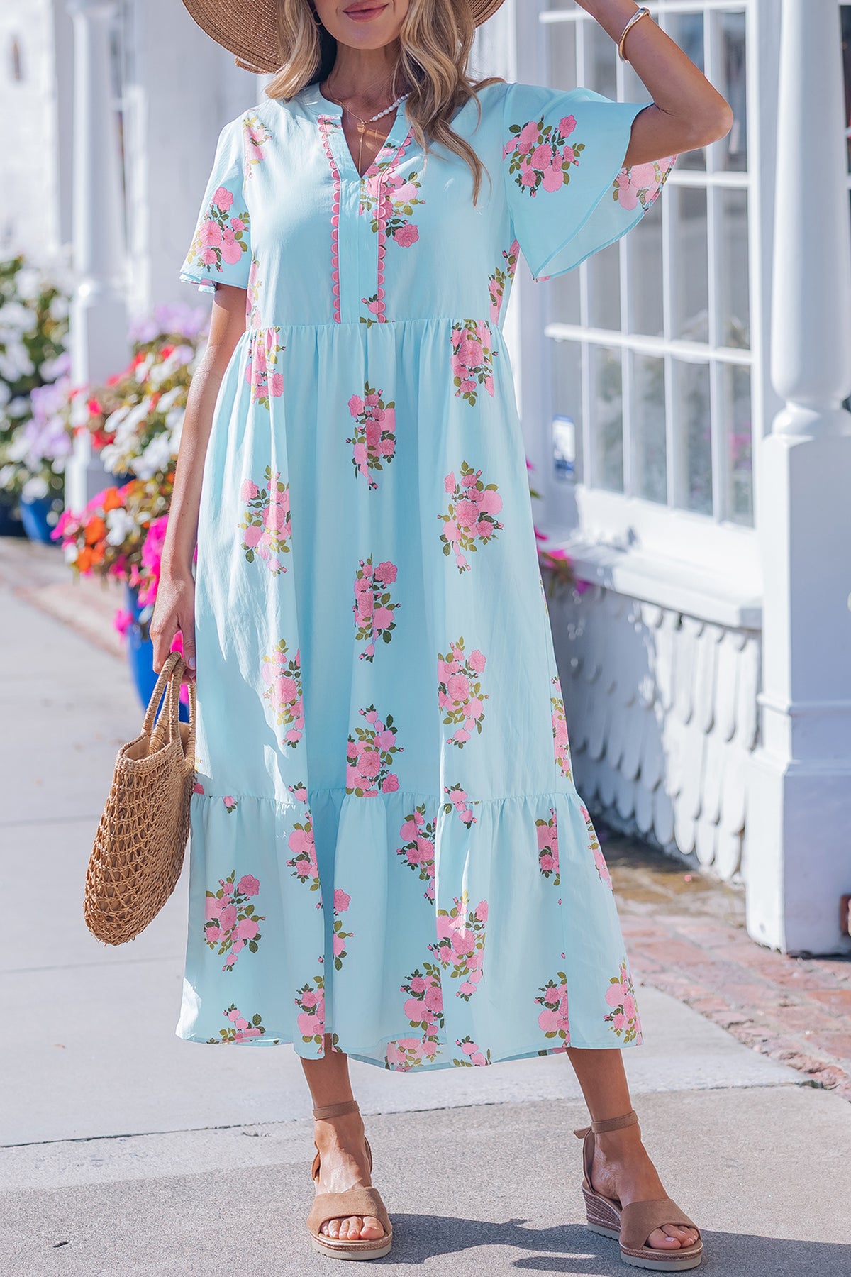 KaleaBoutique Comfortable Notched Neck Flutter Short Sleeve Floral Print Maxi Dress - KaleaBoutique.com
