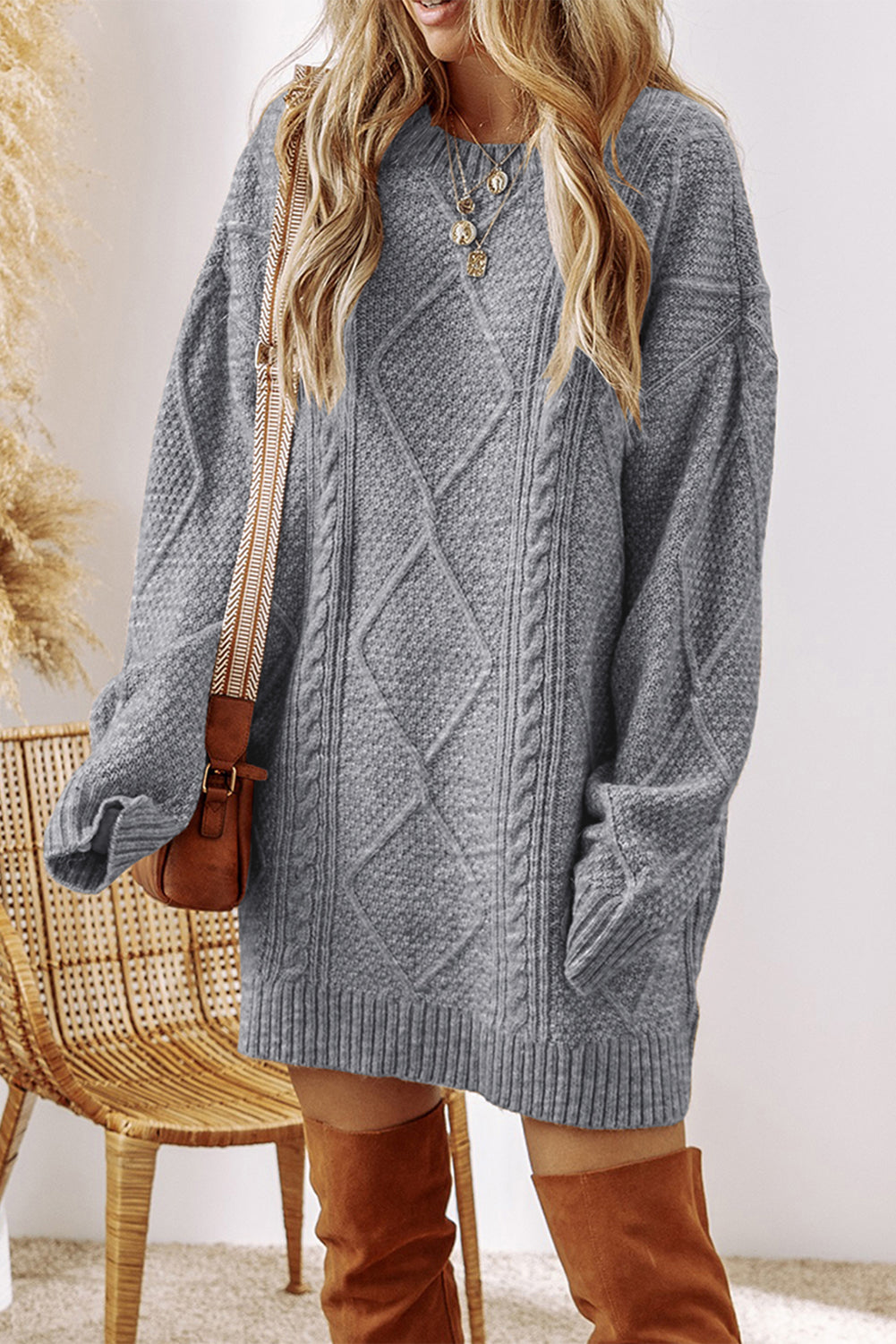 KaleaBoutique Comfortable Cable Knit Drop Shoulder Loose Fit Sweater Dress - KaleaBoutique.com