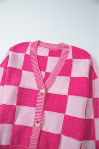 Checkered Drop Shoulder Buttoned V Neck Cardigan - KaleaBoutique.com