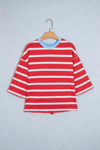 KaleaBoutique Stylish Striped Bow Tie Hollowed Back 7/8 Sleeve Casual T-Shirt - KaleaBoutique.com