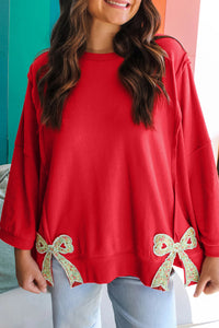 Floral Bow Patched Exposed Seam Patchwork Slit Baggy Sweatshirt - KaleaBoutique.com
