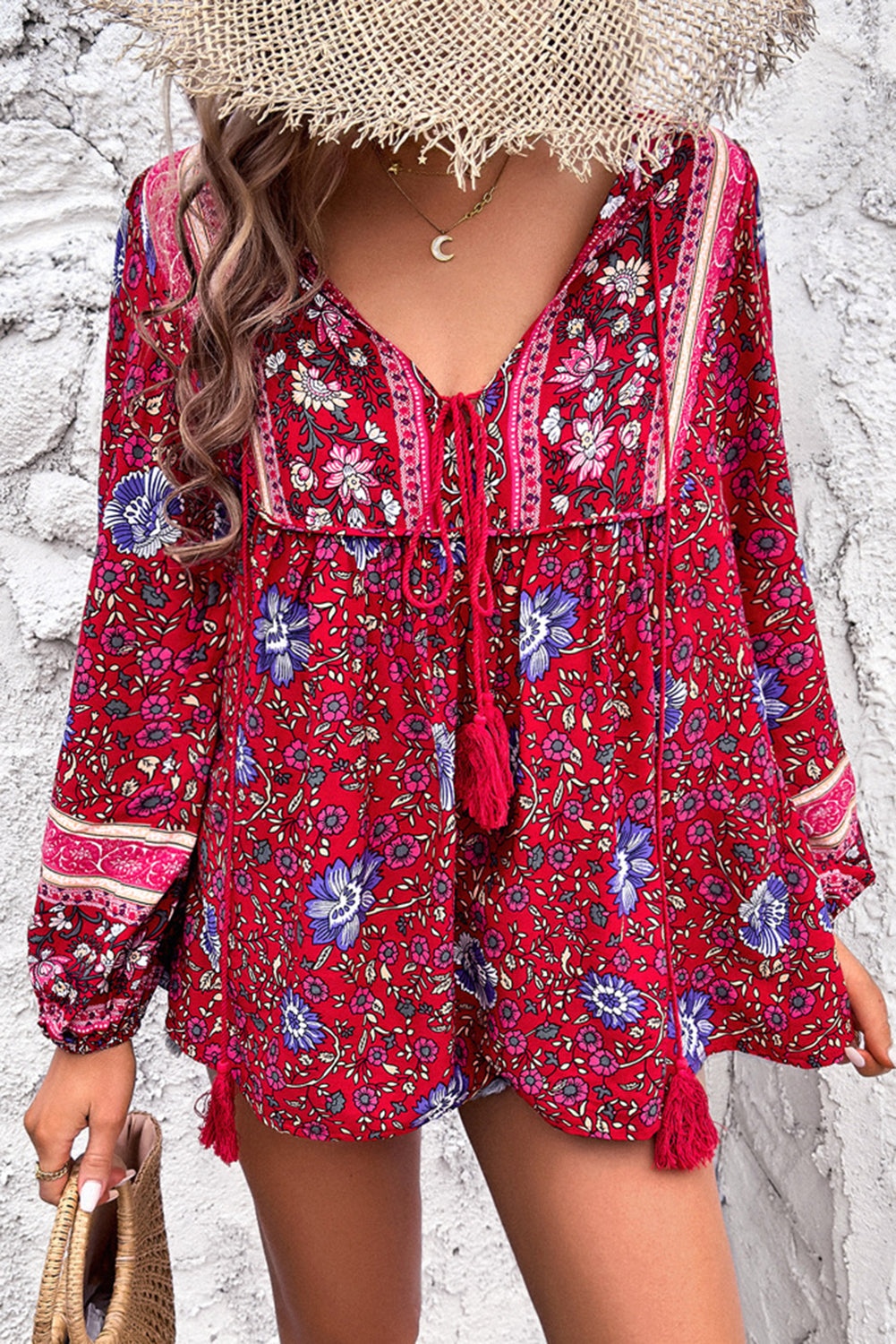 KaleaBoutique Chic Bohemian Floral Print Tassel Tie Front Long Sleeve Blouse - KaleaBoutique.com