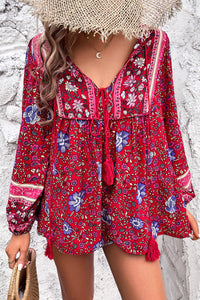 KaleaBoutique Chic Bohemian Floral Print Tassel Tie Front Long Sleeve Blouse - KaleaBoutique.com