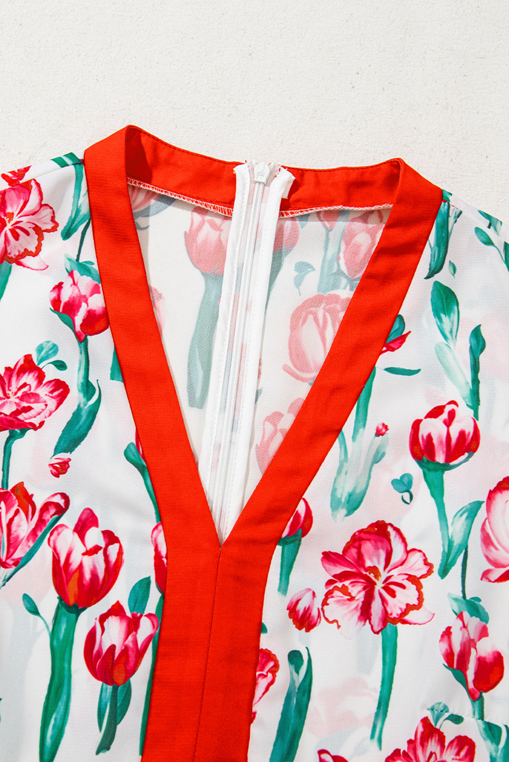 Floral Print Contrast Trim V Neck Bubble Short Sleeve Babydoll Dress - KaleaBoutique.com