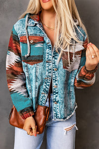 KaleaBoutique Stylish Aztec Print Frayed Hem Denim Jacket - KaleaBoutique.com
