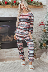 KaleaBoutique Comfortable Retro Christmas Pattern Loose Pullover 2pcs Lounge Pant Set - KaleaBoutique.com