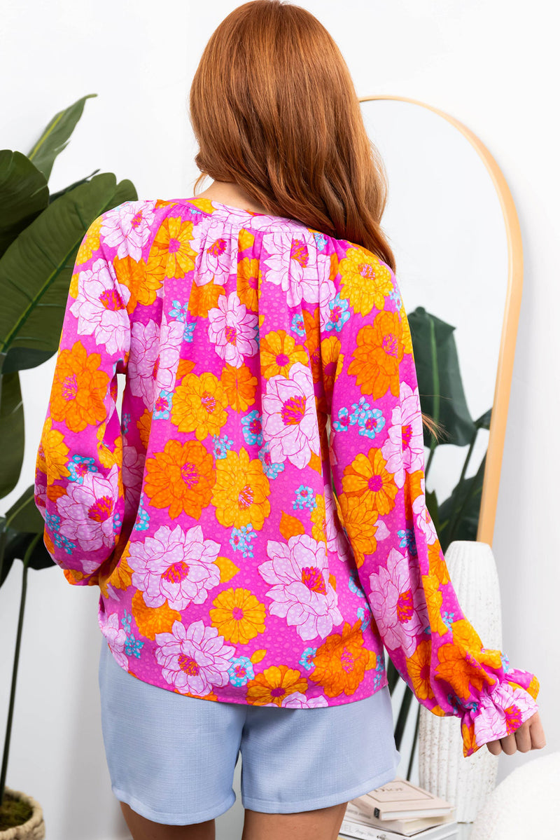 KaleaBoutique Floral Print Flounce Sleeve Notched Neck Blouse - KaleaBoutique.com