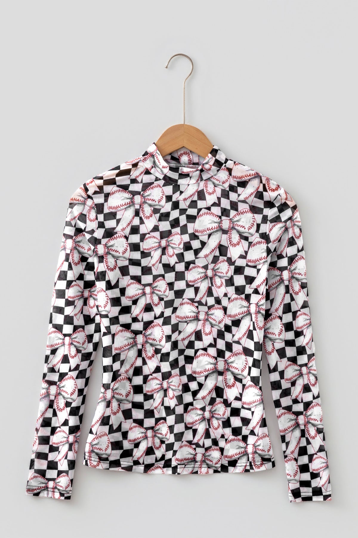 KaleaBoutique Stylish Checkered Baseball Bow Print High Neck Long Sleeve Mesh Top - KaleaBoutique.com