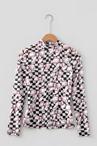 KaleaBoutique Stylish Checkered Baseball Bow Print High Neck Long Sleeve Mesh Top - KaleaBoutique.com