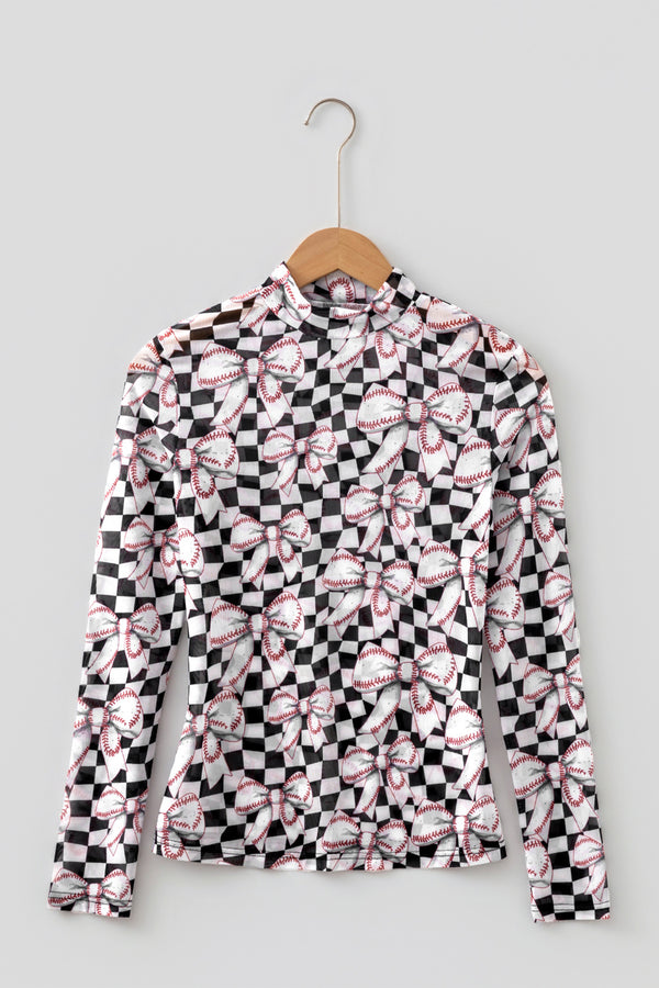 KaleaBoutique Stylish Checkered Baseball Bow Print High Neck Long Sleeve Mesh Top - KaleaBoutique.com