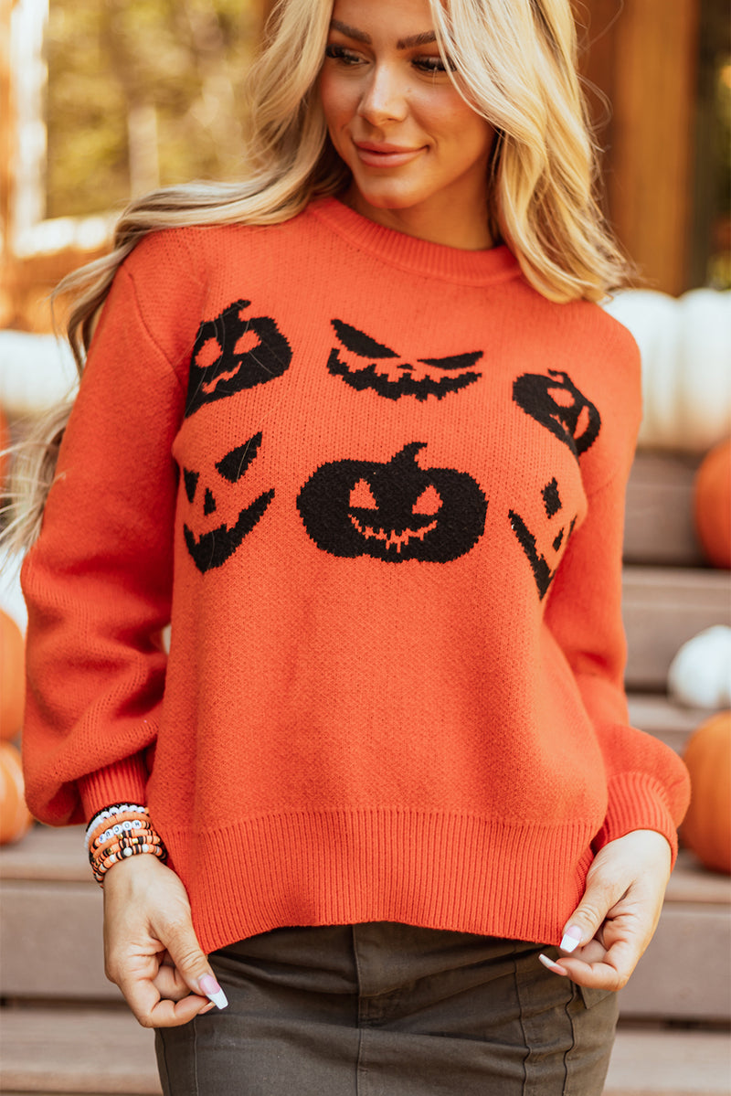 KaleaBoutique Halloween Pumpkin Face Pattern Drop Shoulder Sweater - KaleaBoutique.com
