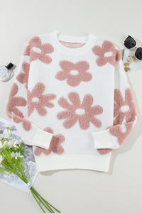 KaleaBoutique Textured Flower Drop Shoulder Loose Sweater - KaleaBoutique.com