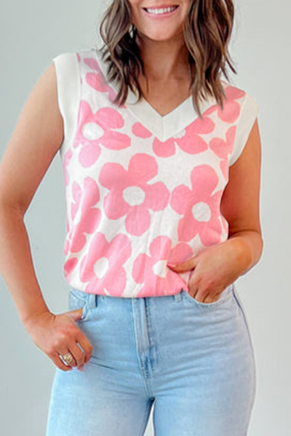 Cute Flower Knitted V Neck Tank Top - KaleaBoutique.com