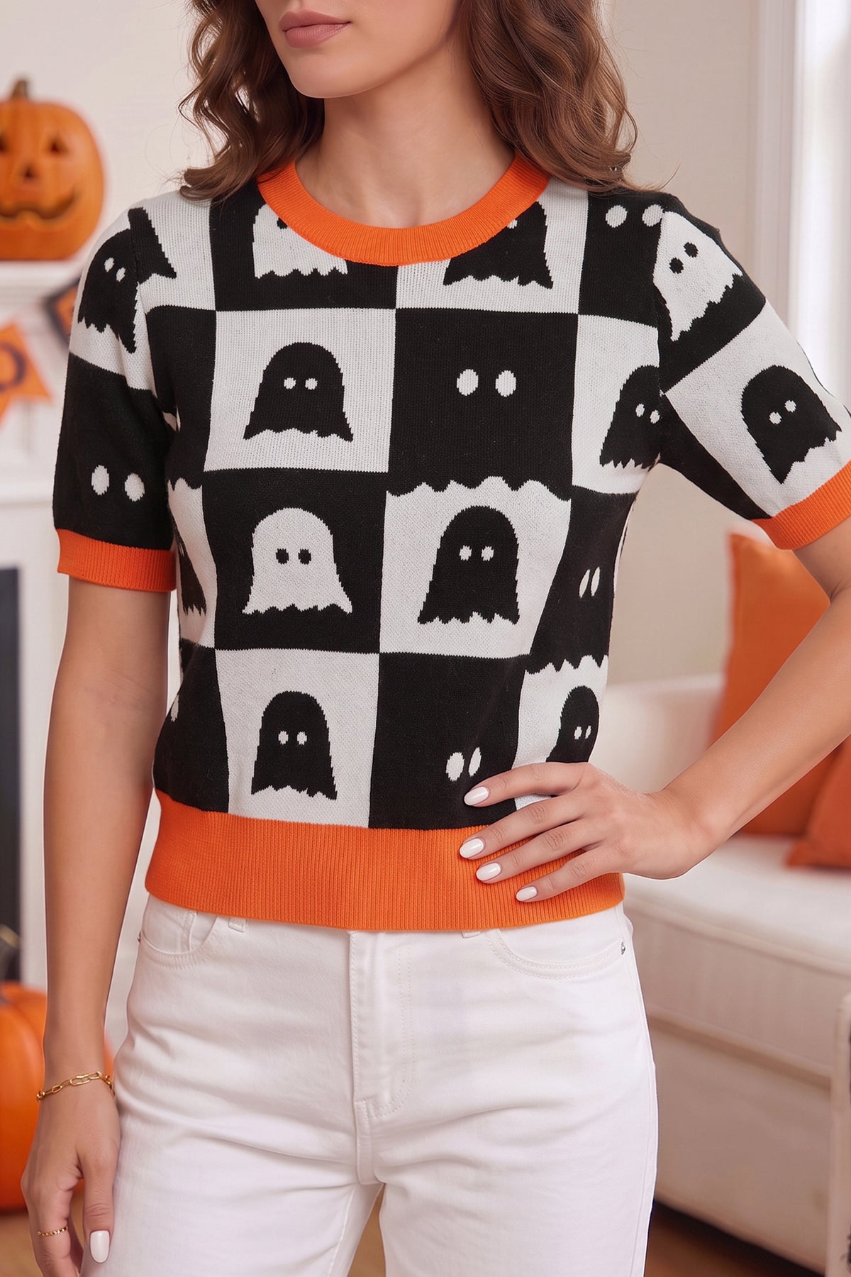 KaleaBoutique Stylish Geometric Ghost Color Block Trim Short Sleeve Knit Sweater - KaleaBoutique.com