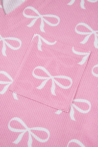 KaleaBoutique Stylish Waffle Knit Bowknot Printed V Neck T Shirt and Shorts Set - KaleaBoutique.com