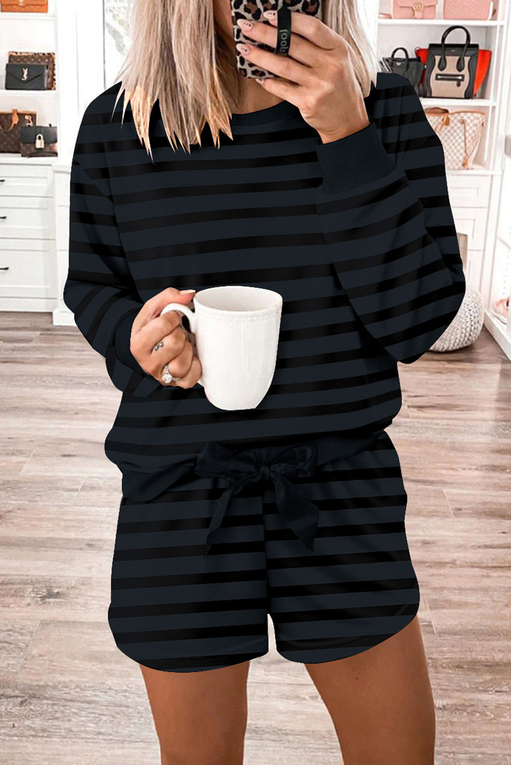 KaleaBoutique Stylish Printed Stripe Long Sleeve Satin Tie Shorts Two Piece Set - KaleaBoutique.com