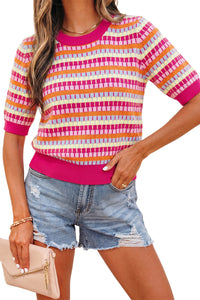 KaleaBoutique Stylish Abstract Striped Knit Short Sleeve Sweater - KaleaBoutique.com