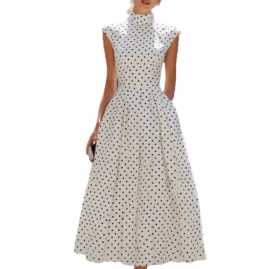 Women's White Polka-Dot High-Neck A-Line Maxi Dress - KaleaBoutique.com