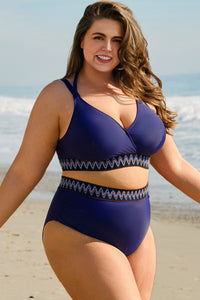 Embroidered Trim Wrap Tie Knot Plus Size High Waisted Bikini - KaleaBoutique.com