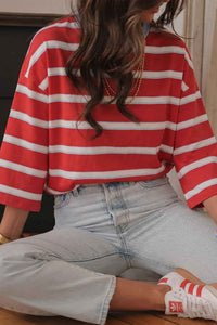 KaleaBoutique Stylish Striped Bow Tie Hollowed Back 7/8 Sleeve Casual T-Shirt - KaleaBoutique.com