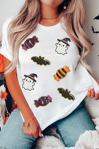 White Sequin Witch Ghost, Candy & Bat Halloween Graphic Tee - KaleaBoutique.com