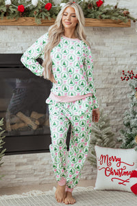 KaleaBoutique Comfortable Bow Christmas Tree Print Contrast Striped Banding 2pcs Lounge Set - KaleaBoutique.com