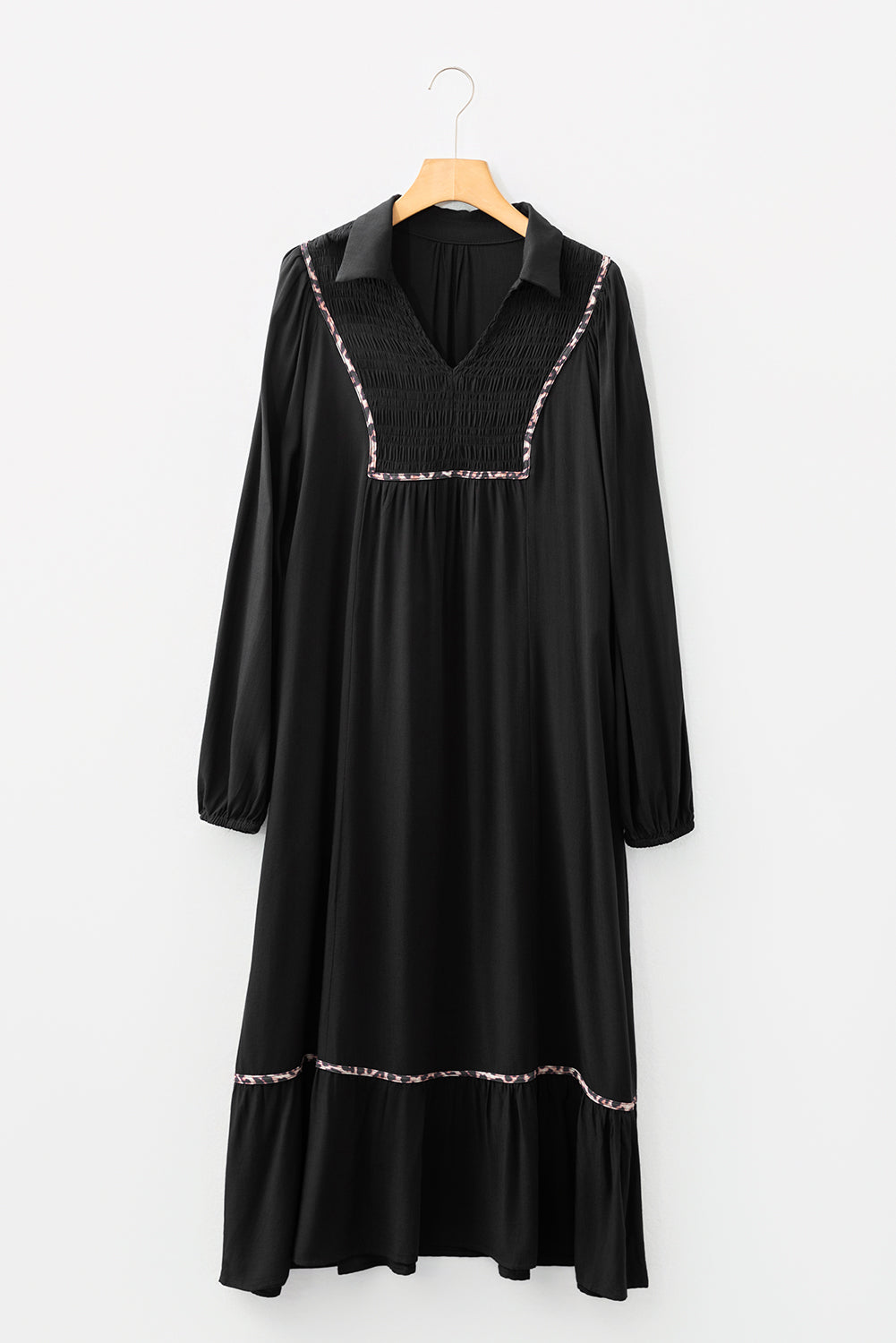 Collared V Neck Smocked Detail Contrast Leopard Trim Bracelet Sleeve Long Dress - KaleaBoutique.com