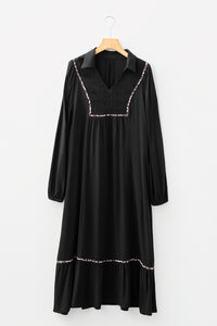Collared V Neck Smocked Detail Contrast Leopard Trim Bracelet Sleeve Long Dress - KaleaBoutique.com