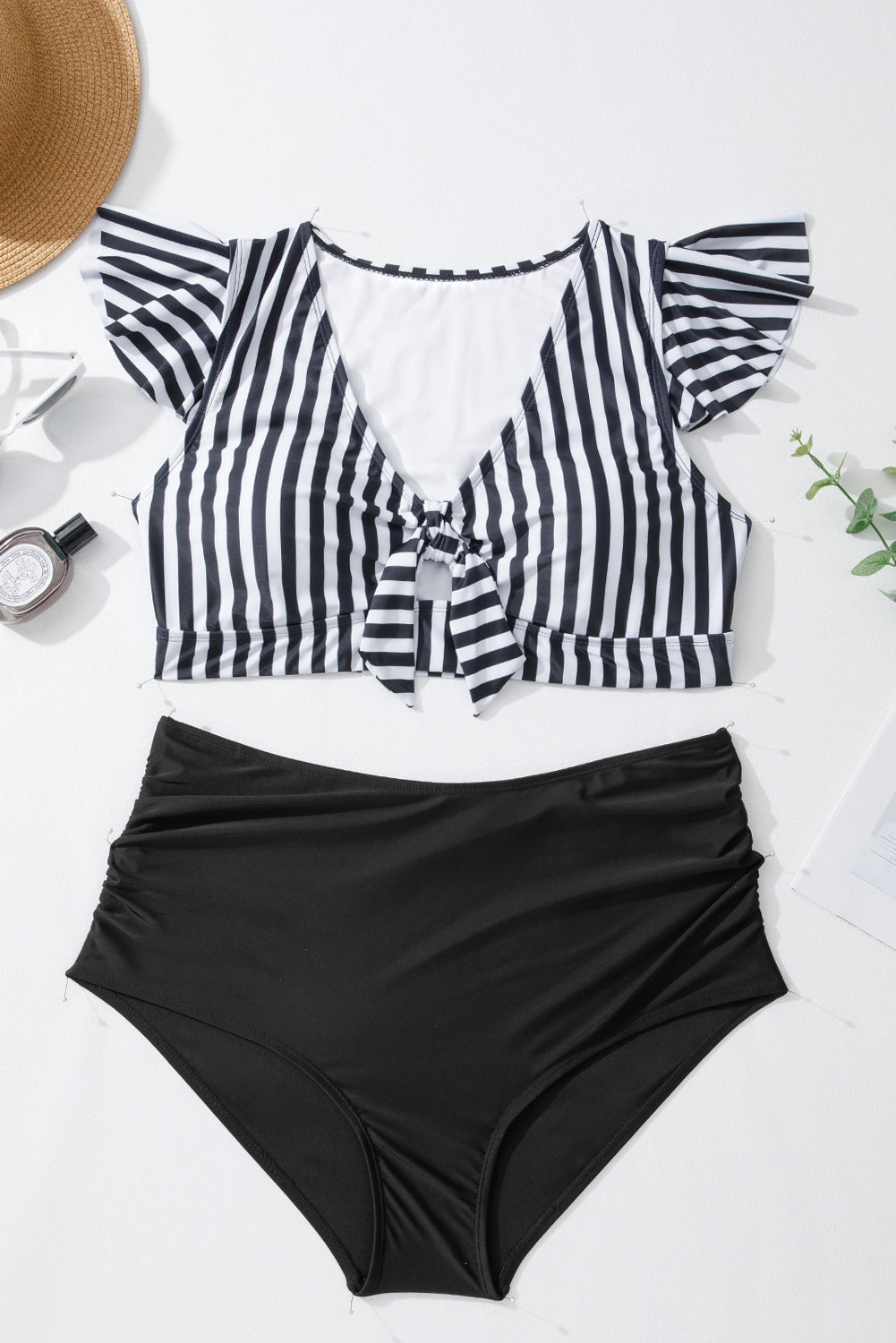 KaleaBoutique Stylish Plus Size Knot Cutout Ruffle Sleeve and High Waisted 2pcs Swimsuit - KaleaBoutique.com