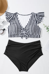 KaleaBoutique Stylish Plus Size Knot Cutout Ruffle Sleeve and High Waisted 2pcs Swimsuit - KaleaBoutique.com