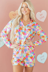 KaleaBoutique Comfortable Valentines Candy Heart V Neck Collared Tunic Shirt and Shorts 2pcs Pajama Set - KaleaBoutique.com